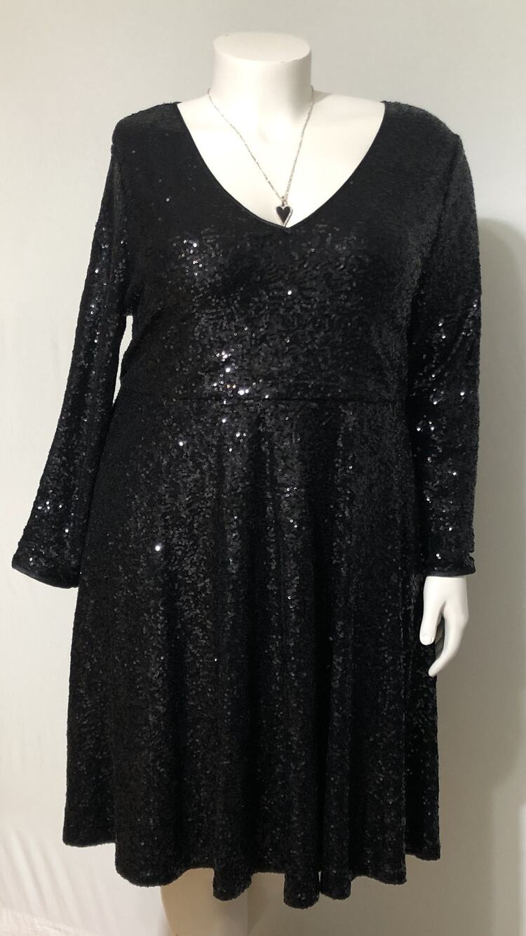 Torrid 2 Black Mini Sequin Skater Dress Long Sleeve V-Neck Keyhole Party 18/20